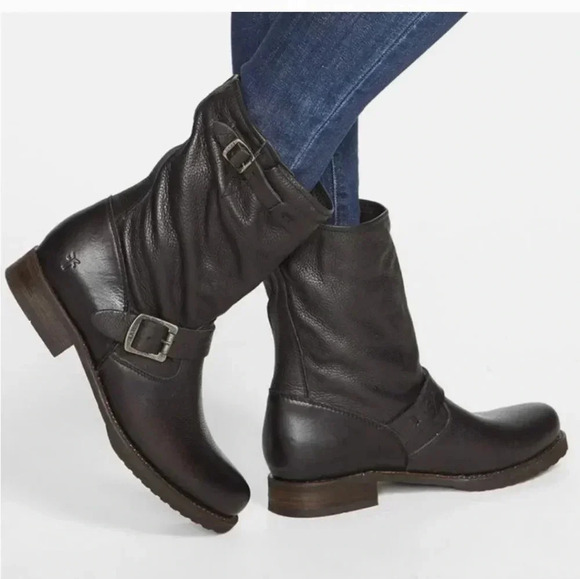 Frye Veronica Short Black Leather Popular Moto Vintage Combat Ankle Boot(6.5) - Picture 1 of 12
